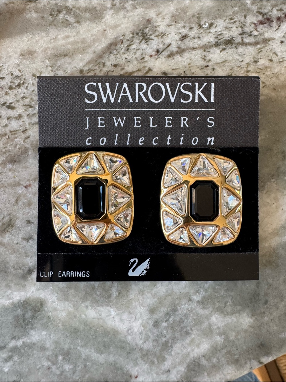 Swarovski Gold Clip-On Earring Vintage Style Statement Black Gold Crystal